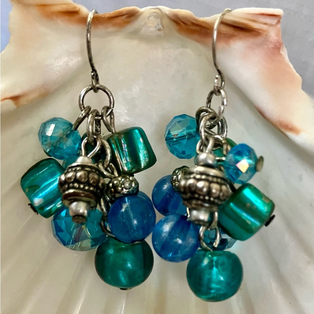 Elegant Blue glass beads and turquoise Silver Dangle Earrings